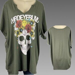 Third Eye Blind +5 Green Split Neck Floral Skull Band Graphic Short Sleeve Tee